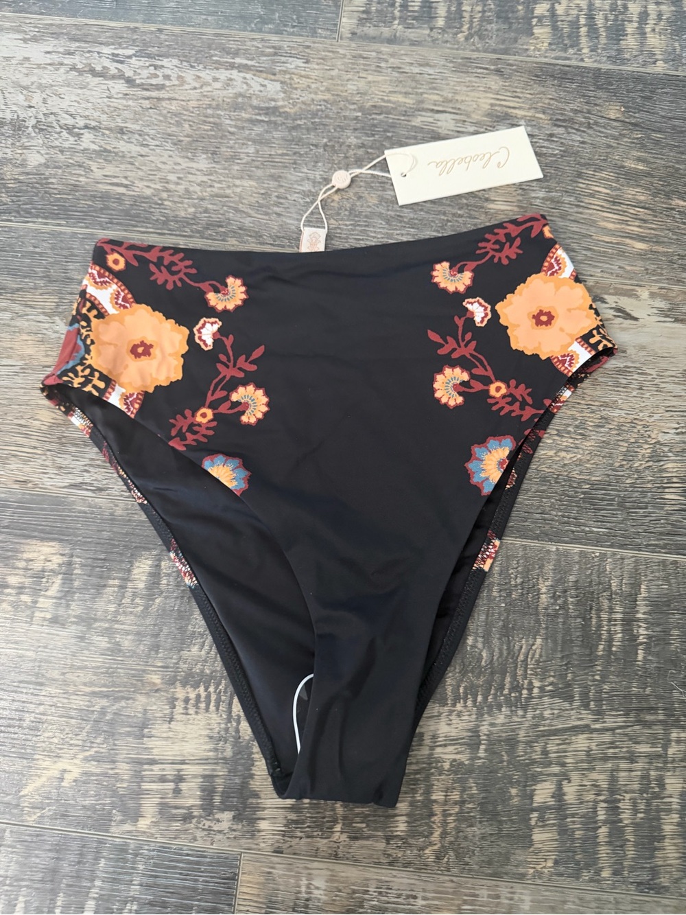 NWT CLEOBELLA High-Waist Floral Bikini Bottoms - Black with Orange & Red Flowers